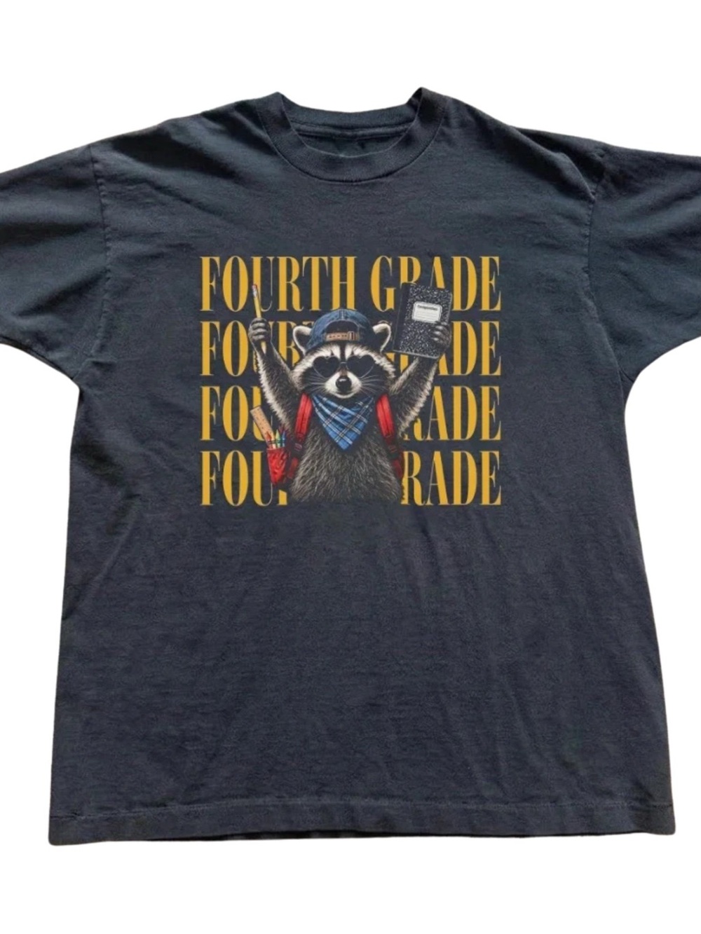 Gildan Black T-Shirt with Yellow 'Fourth Grade' Raccoon Graphic